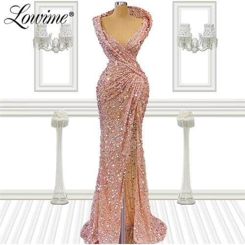 Pink Beads Party Dresses Mermaid Long Prom Dress 2021 Custom Made V Neck Plus Size Formal Arabic Dubai Evening Gowns Robes