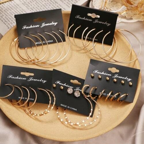 Womens Oversized Gold Circle Round Hoop Earring Set Fashion Flower Star Twist Geometric Earring Trend Jewelry Gift