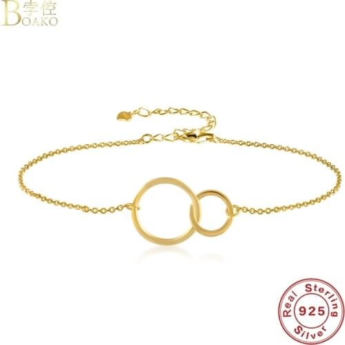 BOAKO 925 Sterling Silver Bracelet For Women Double Circle Gold Bracelet Luxury Jewelry Pendientes Plata 925 Chain Punk Bracelet