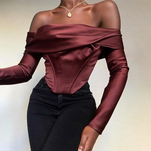 High Quality Summer Women Bodycon Top 2021 New Arrivals Y2k Satin Dress Lined Wine Red Long Sleeve Crop Top Sexy Party Club