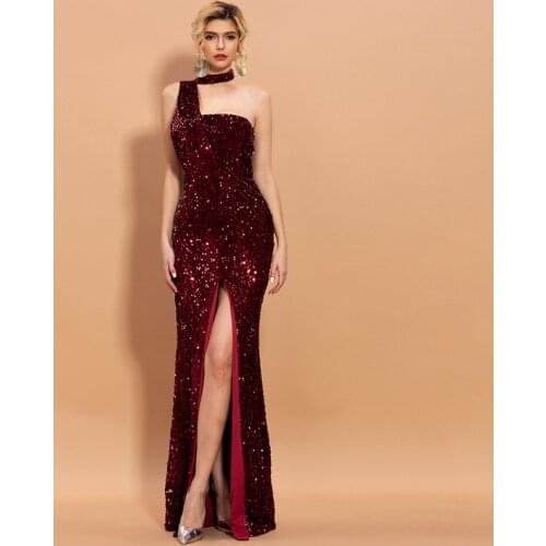 Women New Sexy Sleeveless Halter Sequin Party Dress Women Backless Hign Split Maxi Dress Prom Gown Metal Party Wear