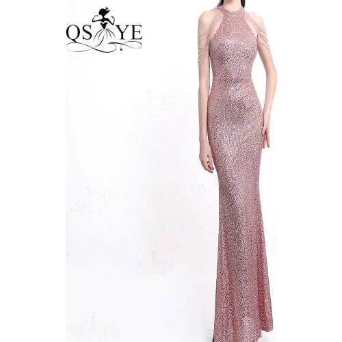 Halter Neck Pink Prom Dresses Long Sequin Evening Gown Crystal Beading Dropped Fit Prom Gown Glitter Mermaid Women Party Dress