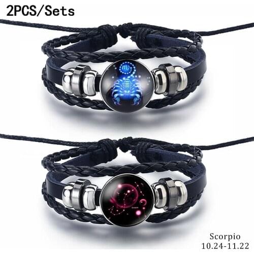 New 2pcs/sets 12 Constellation Snap Bracelet Men Women Weaving Bead Diy Bracelets Leather Charm Couple Bracelet Bangles Jewelry