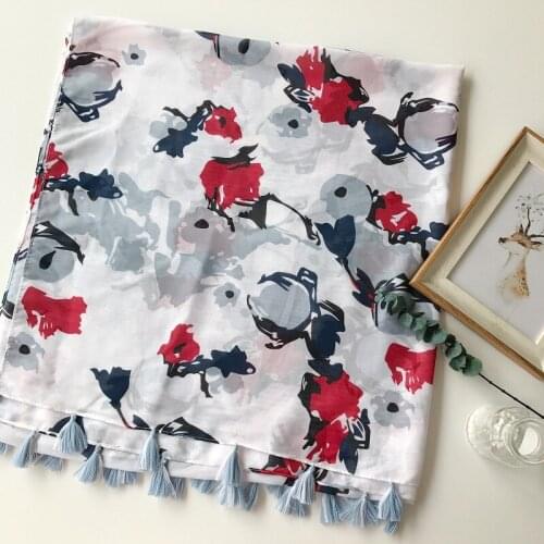 2017 Women Floral Pattern Scarf Tassel Quality Cotton Voile Scarf 10PCS/lot