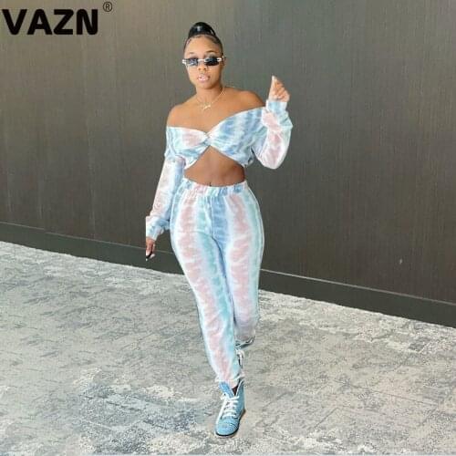 VAZN 2020 Top Quality Sexy Club Open Young Designer Strapless Full Sleeve High Waist Long Pants Skinny Women 2 Piece Set