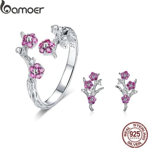BAMOER 100% 925 Sterling Silver Blooming Wintersweet Plum Flower Rings Earrings Women Jewelry Sets Zircon Luxury Jewelry ZHS096