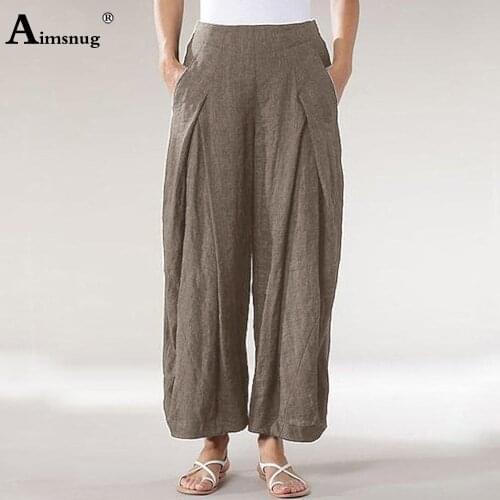 Vintage 2021 Cotton Linen Pants Womens Summer Pleated Trousers Casual Elastic Waist Loose Pantalon Female Wide Leg Pants