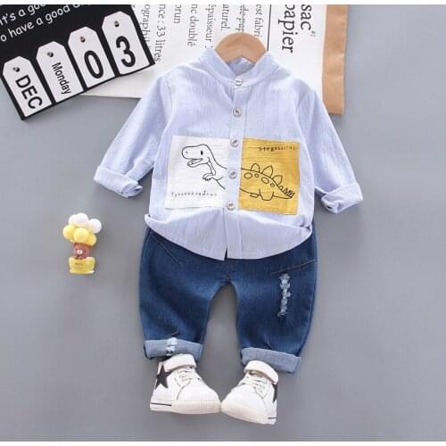 Childrens Loose Long-Sleeved T-shirt +pant Sets Childrens Stand Collar Boys' Casual Denim Trousers Two-Piece Sets 0-4 Ages