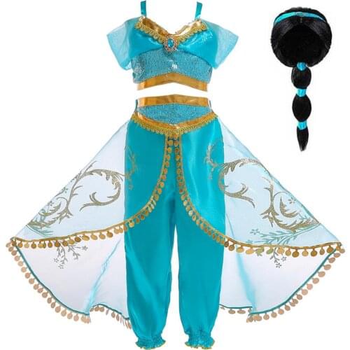 Kids Jasmine Costumes Arabian Princess Girls Dress for Child Dress Up Birthday Halloween Party with Hairhoop Tiara and Wand Blue