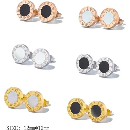 Classic Rose Gold Color Black White Shell With Letter Steel Stud Earrings For Men Women Fashion Jewelry
