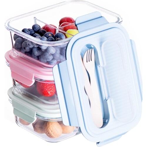 Lovwish 1pc 3 Compartments Lunch Box for Office Leakproof Glass Rectangle with Lid Seal Health Food with Knife and Fork
