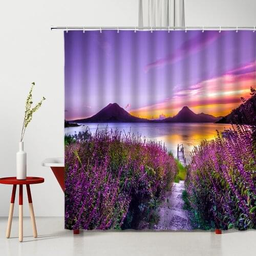 Landscape Shower Curtain Pretty Purple Lavender Lake Sunset Polyester Fabric Photography Background Bathtub Decoration
