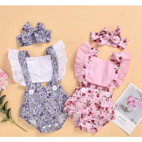 Summer Baby Girl Cute Romper Jumpsuit Newborn Backless Floral Romper+Hairband 2pcs Sets Infant Fashion Cotton Clothing Outfits