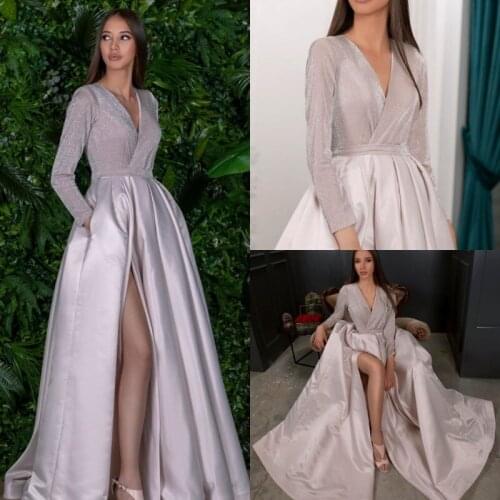 Fashionable Long Sleeve Prom Dresses Ruched Thigh High Slits Sexy Evening Gowns with Pockets