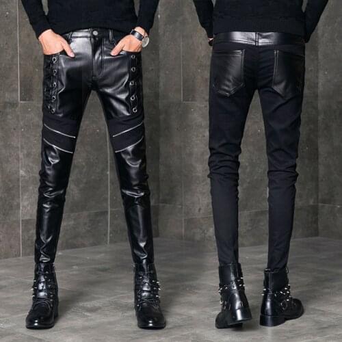 2021 Mens Clothing Stitching Leather Pants Youth Autumn Slim Trend Skinny Trousers