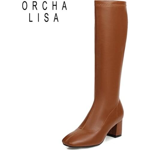 ORCHALISA 2021 Fashion Ladies Knee High Boots Stretch Sexy Zip Square Toe 5CM 7CM Block Heel Size 31-48 Black Yellow Beige A4440