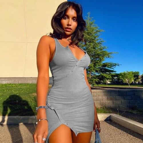 Ladies Sexy Short Hip Pencil Dresses Women Cotton Solid Sleeveless V-neck Irregular Buttons Split Min Dress Skinny Streetwear