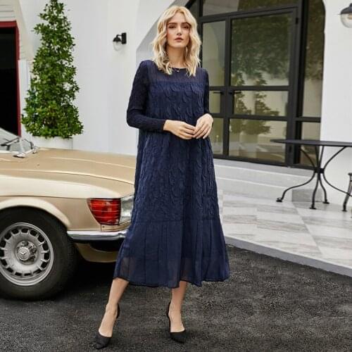 Pop winter Vintage Pleated dress plus size women Fish scales pattern dress Korean high Vogue dress long sleeve Lace dress
