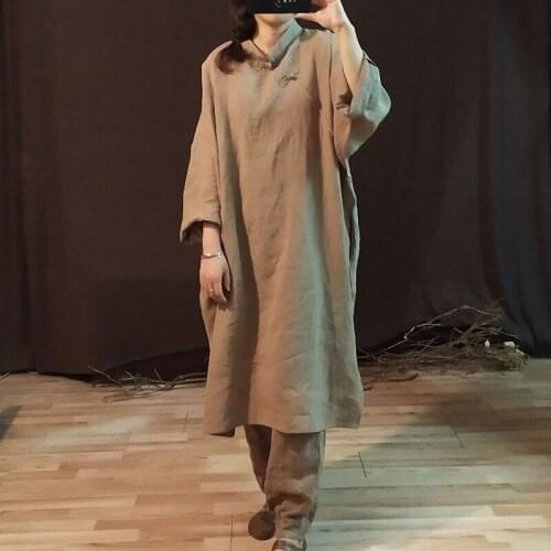 QPFJQD Ladies Spring Autumn Linen Vintage Dress Solid Color Plus Size Women Retro Flax Robe Dresses 2021