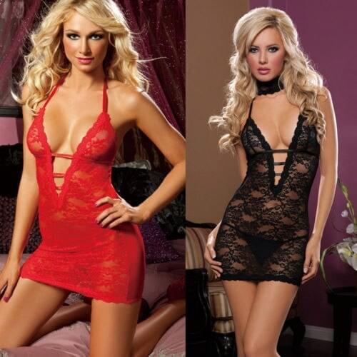 Hot Fashion Porn Sexy Mini Dress Sexy Underwear V-Neck Backless Bandage Straps Sleepwear Womens Lace Lingerie Babydolls
