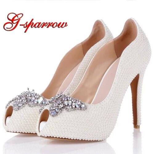 2018 Spring Summer Women Pumps White Pearl Wedding Party Shoes Peep Toe Butterfly Rhinestone Fish Mouth High Heels Plus size 42