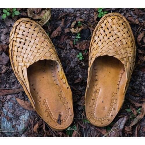 Genuine leather India, Nepal flat slippers women handmade Camel Leather woven weaving slide cool drag mens shoes real leather