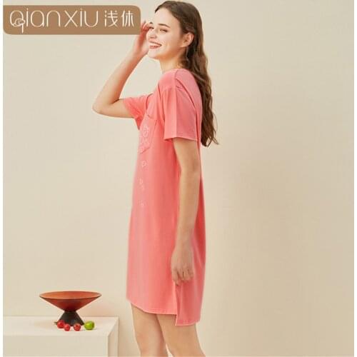 Loose Women Nightgown Sweet Cartoon Sleepwear Female Sleep Cotton Night Gown Short Sleeve o-Neck Ladies Pullover Home Dress