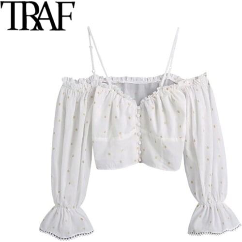 TRAF Women Sweet Fashion With Buttons Embroidery Dotted Crop Blouses Vintage V Neck Thin Straps Female Shirts Chic Tops