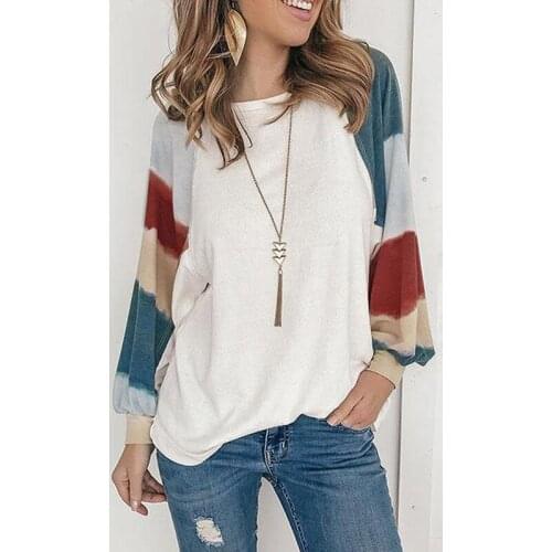 2021 Spring Autumn New Womens Round Neck Casual Color Matching Watercolor Long Sleeve Shirt T-Shirt All-Match Comfy T-Shirt