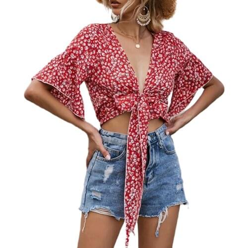 2020 Women V Neck Ruffle Wild Shirt Top Summer Cardigan Straps Floral Pattern Suit Slim Crop Half Sleeve Top
