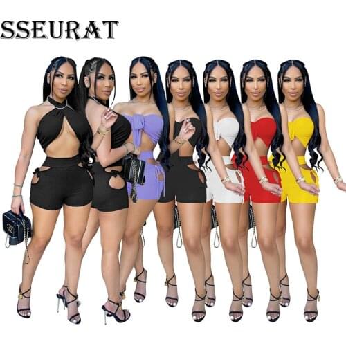 SSEURAT Women Set Solid Sleeveless Strapless Bandage Crop Tops Lace Up Shorts Two 2 Piece Sets Sexy Summer Outfit 2021
