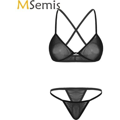 Womens Transparent Micro Bikini Lingerie Set Sexy Sheer Mesh Strappy Bra Top with Mini Thong Hot Extreme Triangle Underwear Sets
