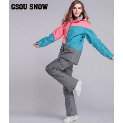 Women Gray Waterproof Ski Suit Female Thermal Cycling Skateboarding Riding Jacket And Pants Set Snow Costumes