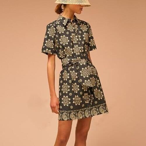 Women Dress 2021 Spring and Summer New Style Ladies Stitching Cotton Lapel Print Short-sleeved Dress