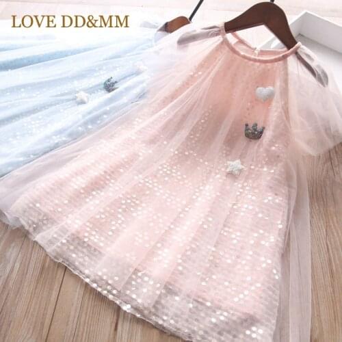 LOVE DD&MM Girl Princess Dresses 2021 New Kids Clothes Love Crown Sequined Star Mesh Round Neck Dress For Costume 3-8 Years