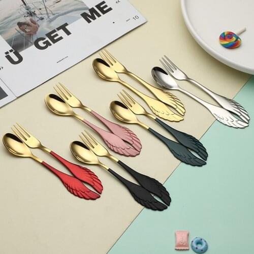 2pcs Creative Stainless Steel Spoon Feather Spoon Fork Coffee Stirring Spoon Christmas Gifts Kitchen Accessories Tableware Decor