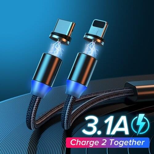 2 in 1 USB Type C Magnetic Cable 3.1A Charger Data Cord LED Universal Mobile Phone Quick Charge For iPhone 12 Xiaomi 11 Huawei