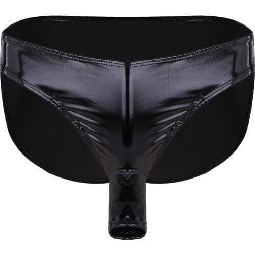 2020 Sexy Black Mens Fashion Lingerie Wet Look Patent Leather Briefs Underwear Panties with Open Penis Sheath for Cosplay Party