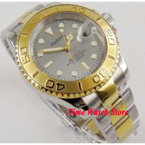 41mm Parnis 5ATM Miyota Automatic mens watch sapphire glass grey dial luminous gold ceramic bezel 937