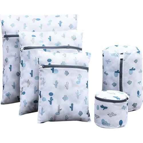 5pcs/Set Home Travel Underwear Socks Cute Print Reusable Zipper Closure Mesh Laundry Bag For Washing Machine Protect Clothing