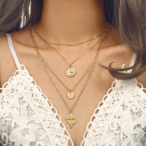 Bohemian Fashion Gold Color Chain Choker Necklace Women Vintage Round Pendant Maxi Statement Necklace Boho Jewelry