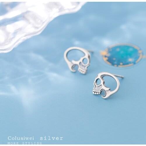 COLUSIWE Genuine 925 Sterling Silver Vintage Skull Stud Earrings for Women Men Unisex Ear Studs Hip Pop Jewelry Accessories