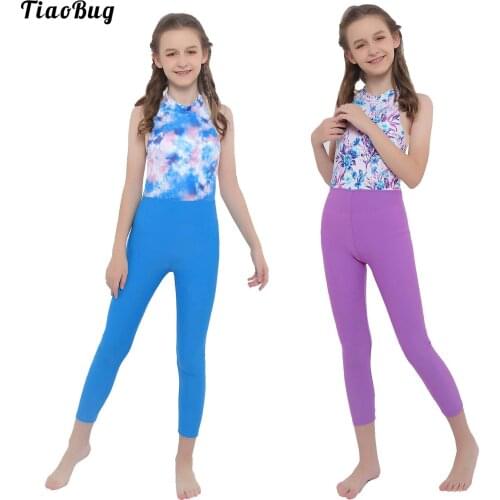 TiaoBug Kids Girls Sport Gance Gym Jumpsuit Stand Collar Halter Neck With Press Button At Rear Sleeveless Open Back Bodysuit