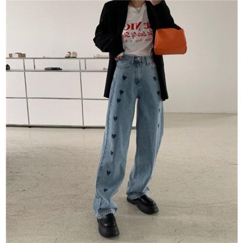 Korean Fashion style Women jeans Vintage Straight Wide leg pants High waist Oversize Loose Long jeans Heart print Casual jean