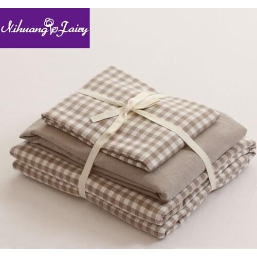 Washed cotton four-piece set, cotton, pure cotton, plaid, bed sheet, quilt cover, simple nude sleeping Japanese bedding