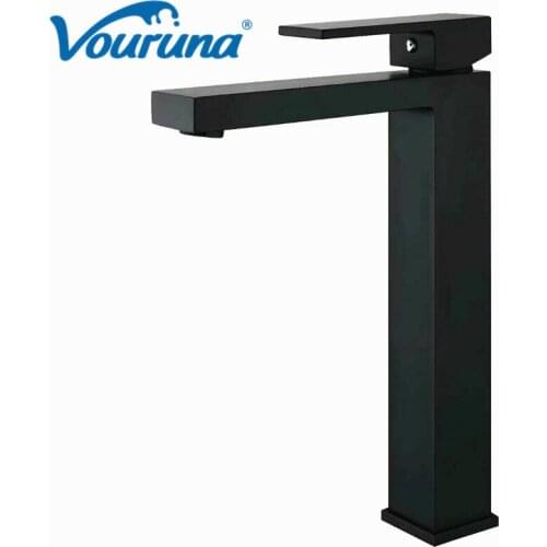 Vouruna Square Matte Black Bathroom Faucet Tall Vessel Basin Sink Hot and Cold Mixer Tap