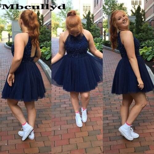 Mbcullyd Chic Halter Neck Short Prom Dress With Beading Crystal Formal Cocktail Dresses Navy Blue vestidos de fiesta de noche