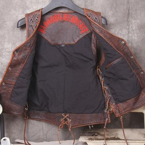 2020 Vintage Red Brown Men Bikers Leather Jacket Single Breasted Size XXL Genuine Cowhide Spring Slim Fit Short Motorcycle Vest