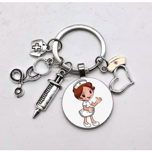 New/high Quality 1 Piece Nurse Medical Syringe Stethoscope Image Keychain Glass Cabochon and Glass Dome Key Ring Pendant Gift