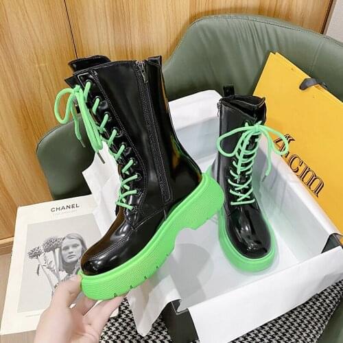 New Zipper Boots Womens Heightened Thick-soled Mid-tube Boots Personality Lace-up Boots Dark Punk Patent Leather Short Boots